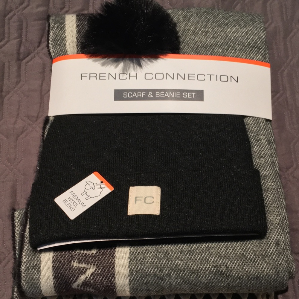 French Connection - premium wool scarf and beanie with pompon. One size